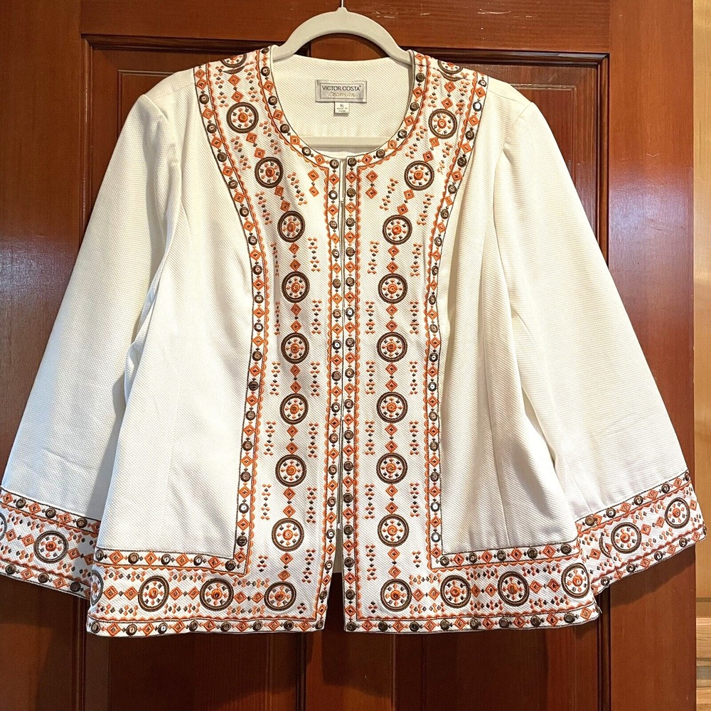 Victor Costa XL Cream Embroidered Geometric‎ Orange Coat Jacket Statement Boho